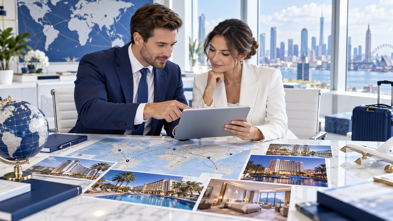 Travel professionals reviewing hotel options